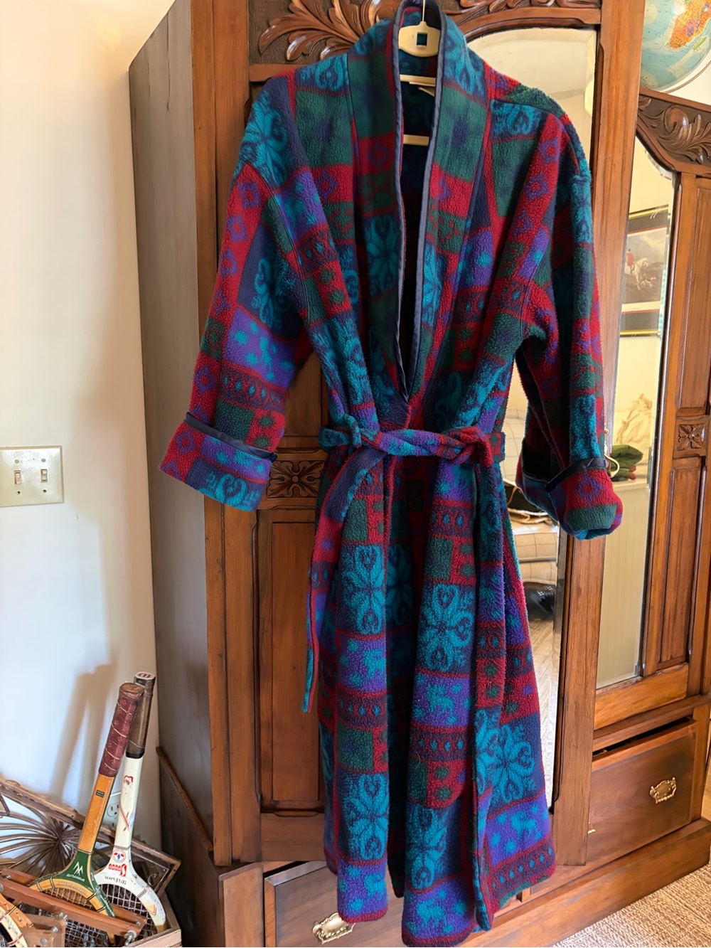 Vintage Multicolor Unisex Fleece Robe Coat - Blue & Red Patterned Wrap (D)